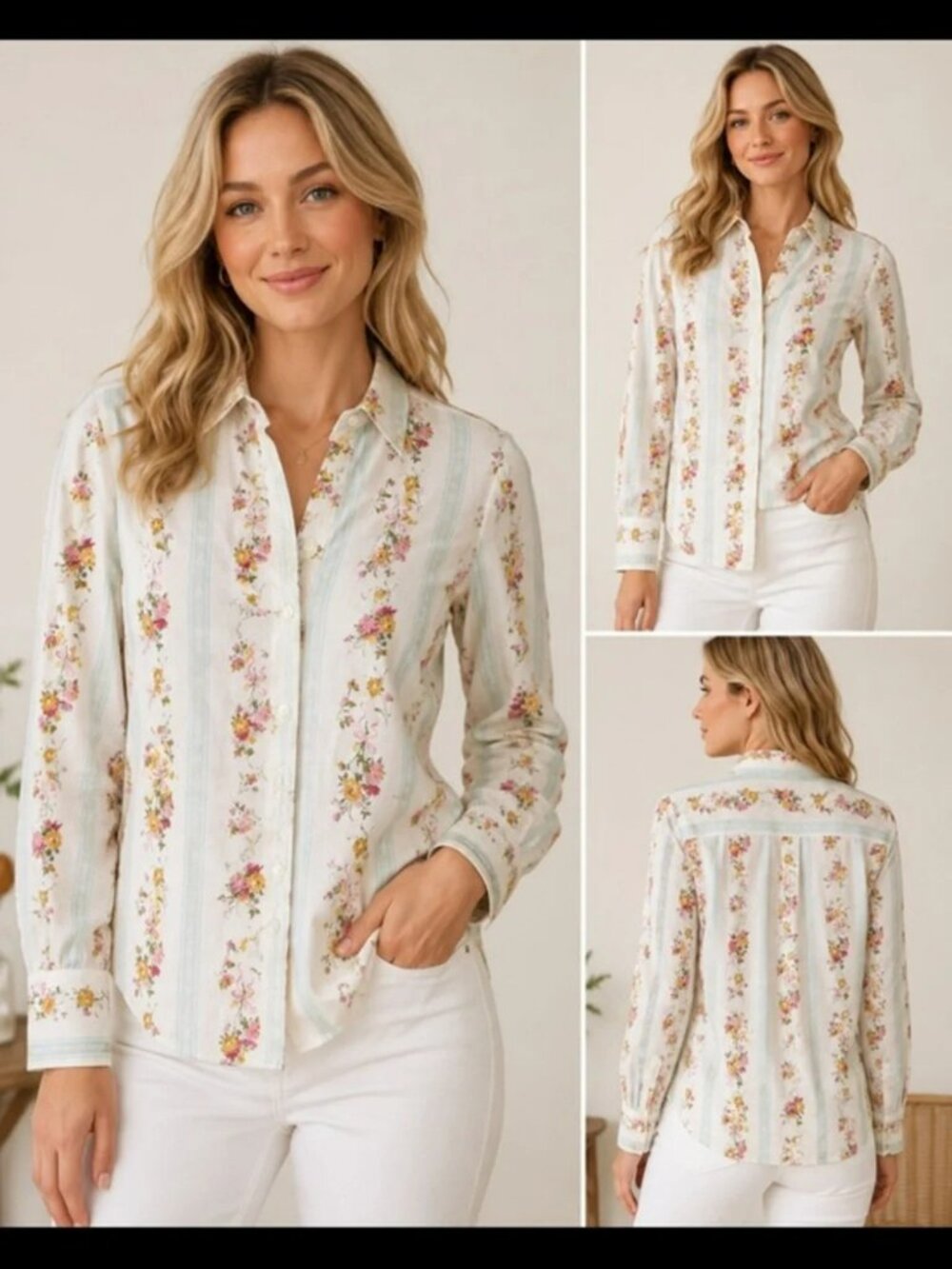 Spartina 449 White Floral Stripe Button-Up Top - Picture 2 of 7